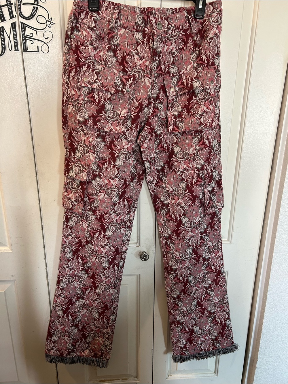 Rockstar Originals Pants Floral Tapestry Cargo Fringed Hem Boho Festival Size L